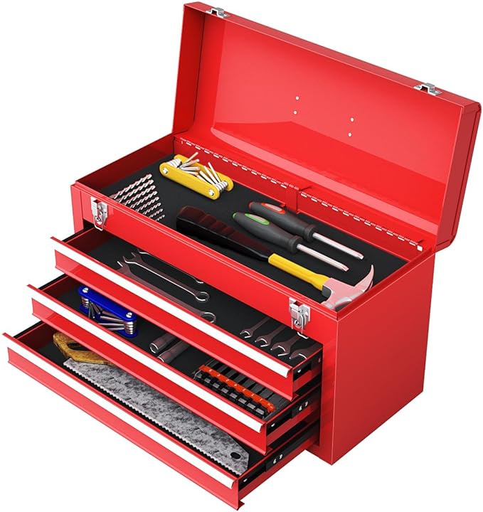 IRONMAX Portable Tool Box, 20.5ââ Lockable Steel Tool Chest Cabinet w/Comfortable Handle & 3 Drawers, Heavy Duty Storage Toolbox Tool Organizer for Garage, Warehouse, Home, Red