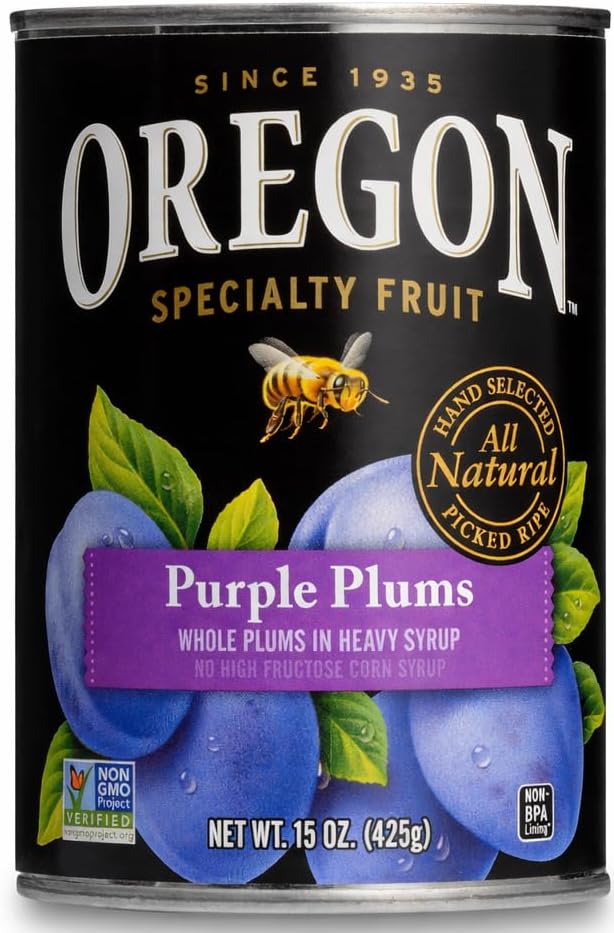 Oregon Whole Purple Plums in Heavy Syrup, 15 oz Cans, Pack of 4, Gourmet Canned Fruit for Baking, Desserts & Cooking