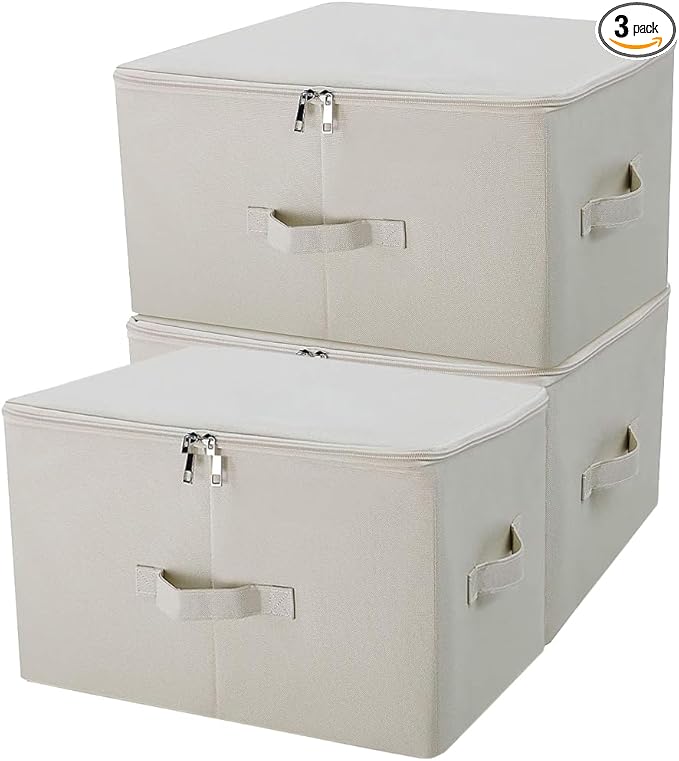 iwill CREATE PRO 3-Pack Beige Folding Storage Boxes with Zip Lid | Collapsible & Stackable Rigid Organizer Bins for Clothes, Blankets, Books