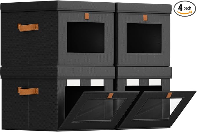 Storage Bins with Lid â Closet Organizer with Side Opening and Clear Window, Foldable Stackable Fabric Basket for Clothes, Home, Office - 13.77" x 11.8" x 9.8", 4 Pack, Black