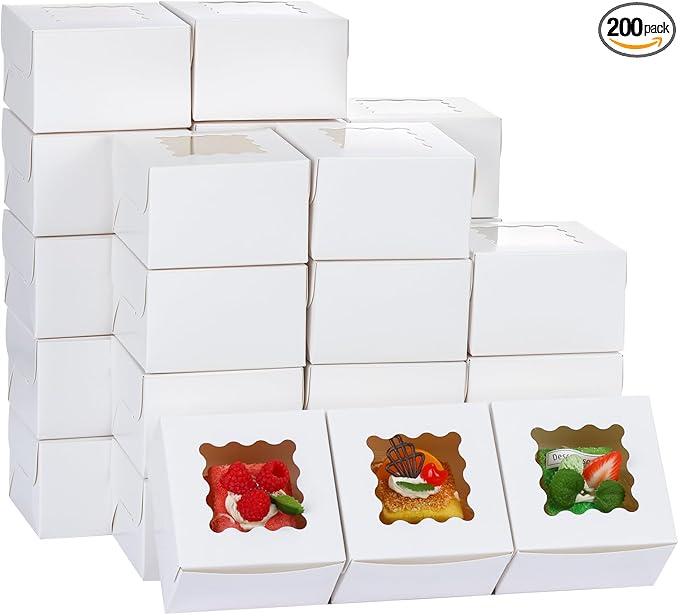Moretoes 200pcs White Cookie Boxes with Window, 4x4x2.5 Inch Small Bakery Boxes for Pastries, Treats, Cupcakes, Donuts, Candy, Strawberries
