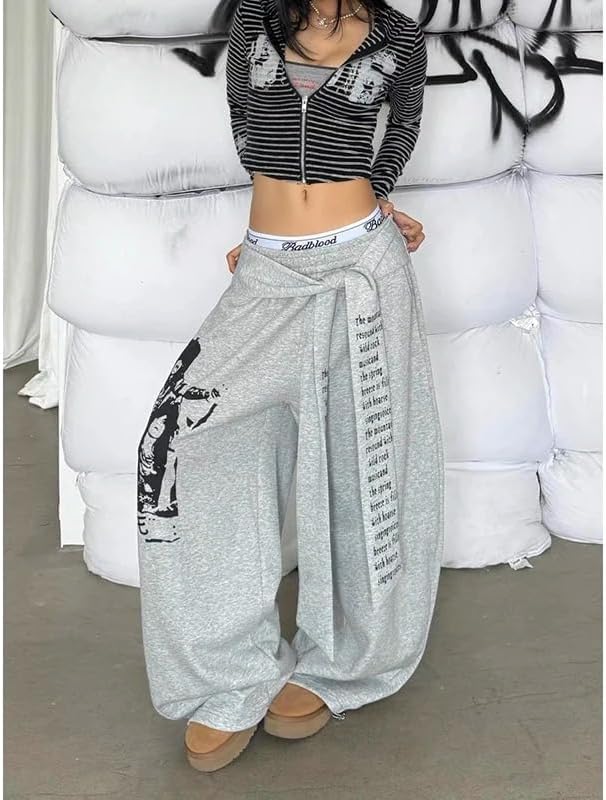 Trendy Sweatpants Women Oversized Graphic Print Grunge Pants Elastic Waist Cinched Bottom Streetwear Goth Sweatpants