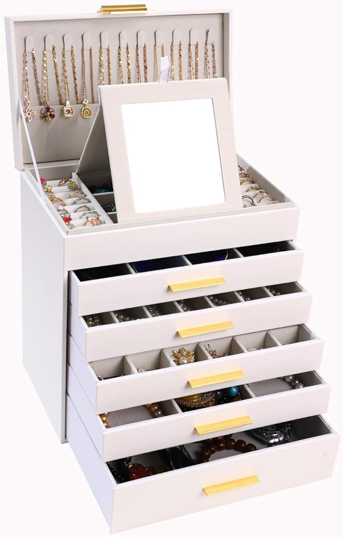 BOOVO Jewelry Box with Necklace Hanger â 6 layer Jewelry Organizer for Women with 5 Drawers, Large Jewelry Storage Boxes âJewelry Organizers and Storage for Earrings, Necklaces (White, 6 layer)