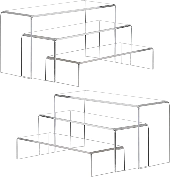 ANDGOO Display Risers, 6 Pcs(7.9âL~8.3âL~8.7âL) Rectangular Clear Acrylic Showcase Collectibles Display Stands Suitable for Retail Shoe Showcase Jewelry Funko Pop Figures