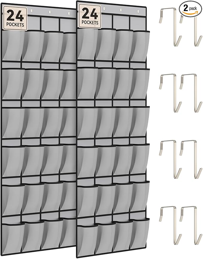 dodowin Over the Door Shoe Organizers, 2 Pack, Each with 24 Deep Mesh Pockets & 4 Metal Hooks, Over The Door Shoe Rack Space Saving Hanging Storage Holder for Closets, Shoes & Accessories, Gray