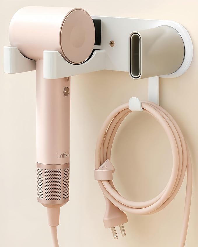 Hair Dryer Holder Wall Mounted, Hair Dryer Organizer Self Adhesive Compatible with Dyson Blow Dryer Holder Aluminum BlowDryer Holder Wall Mounted for Bathroom White