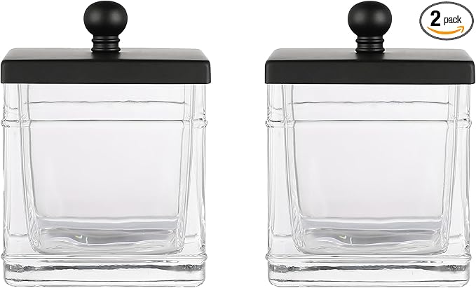 Glass Cotton Jar Holder 2 Packâ Matte Black Lid, Elegant Bathroom Storage Canister for Qtips, Cotton Balls, Floss, Makeup Organizer, Vanity & Bathroom Organization