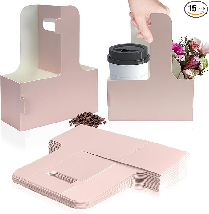 2 Cup Disposable Drink Carrier for Delivery with Handle,15 Count Pink Paperboard Cup Holder,Cup Carriers for Hot or Cold Drinks,Coffee Carrier, Food Delivery,Take Out Cup Carriers (Pink, 30 PCs)