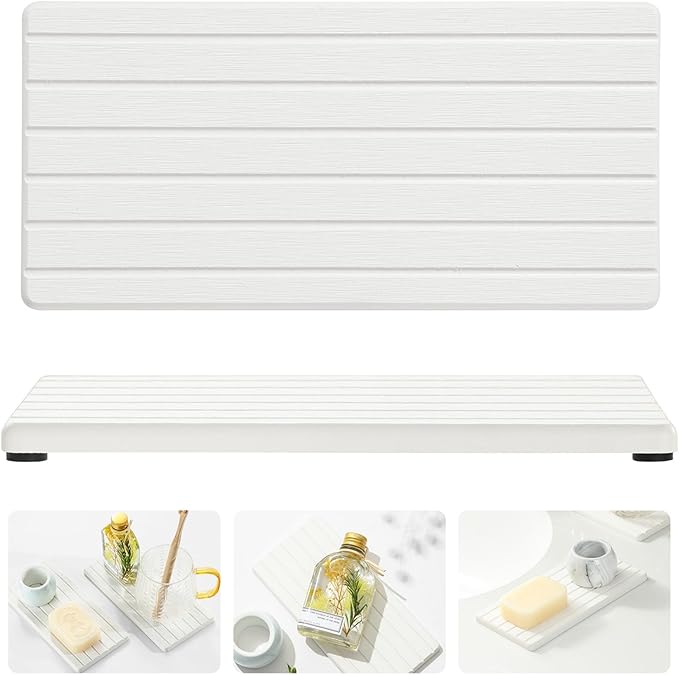 2PCS Water Absorbing Stone Drying Tray Mat For Bathroom Sink & Kitchen Counter Faucet Organizer Decor, Quick Dry Dish Soap Dispenser Sponge Holder, Vanity Sink Caddy Bar Coaster,White-8"*3.8"