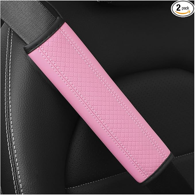 Car Seat Belt Pads, 2 Pack Fiber Leather Seatbelt Shoulder Strap Covers, More Comfort Driving & Protect Your Neck, Universal Safety Strap Cover for Auto SUV Truck Airplane Backpack (Pink)