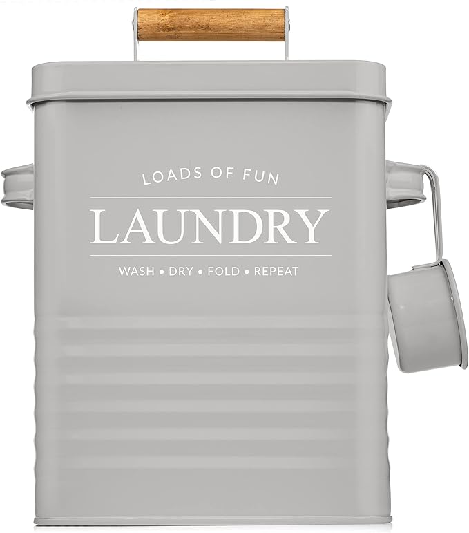 Calindiana Modern Farmhouse Metal Laundry Soap Dispenser Container Holder with Scoop for Laundry Room Decor and Space Saving Laundry Room Organization and Storage, Laundry Powder Container, Grey