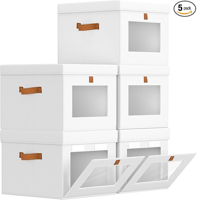 Storage Bins with Lid â Closet Organizer with Side Opening and Clear Window, Foldable Stackable Fabric Basket for Clothes, Home, Office - 13.77" x 11.8" x 9.8", 5 Pack, White