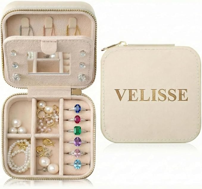 Velisse Travel Jewelry Case â Small Jewelry Travel Case Organizer, Jewelry Box Travel Case, PU Leather Jewelry Box for Rings, Earrings & Necklaces, Travel Organizer & Valentineâs Day Gifts for Her