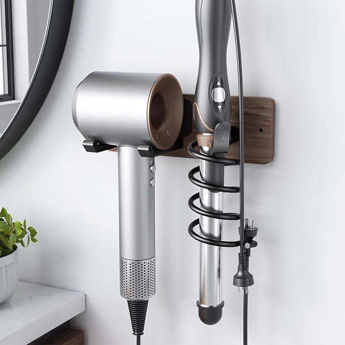 Tindbea Hair Dryer Holder Curling Iron Holder, Blow Dryer Holder Wall Mount, Bathroom Hair Tool Organizer Rack for Universal Dryer, Walnut Matte Black