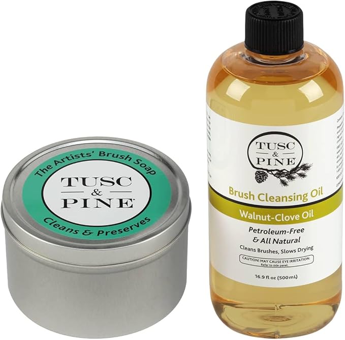 Tusc & Pine Brush Care Duo â 12 oz Artistsâ Soap & 16.9 Fl Oz Walnut-Clove Oil Set for Acrylic, Watercolor & Oil Brushes - Solvent-Free Cleaner & Conditioner - Natural Bristle Care - Made in the USA
