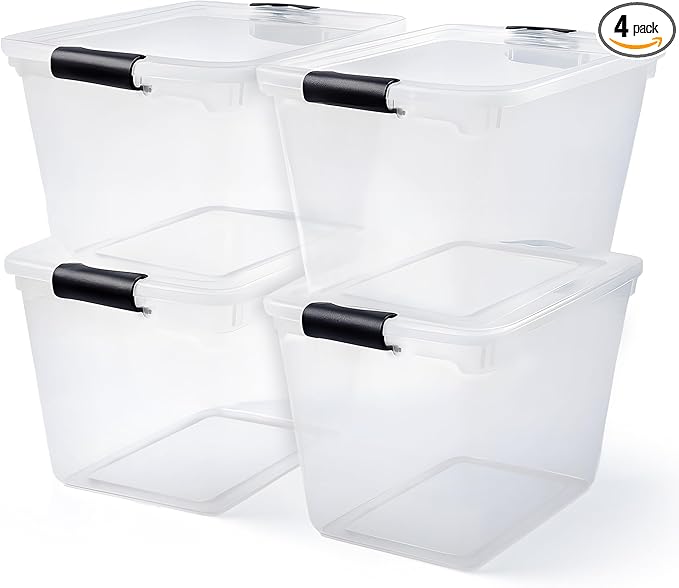 HOMZ 4-Pack 31 Quart Latching Lid, Clear Plastic Storage Organizer Bins, Gray â Stackable Containers for Home & Office Shelves, Kitchen, Garage, and Bathroom Organization