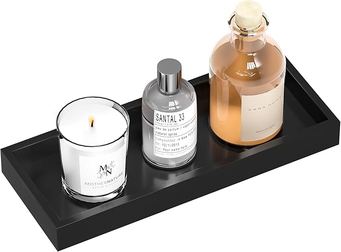 ZHWS Bathroom Tray Countertop for Toiletries, Black Vanity Tray for Makeup Perfume Decor Candle, Bamboo Kitchen Tray for Soap Dispenser Salt Pepper Brush Holder 11.3â L x 4.4â W x 1.1â H