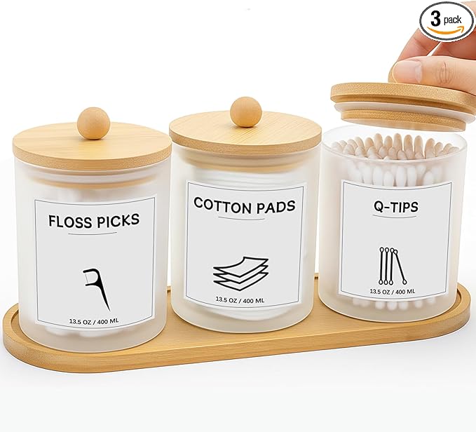 3 PCS Qtip Holder for Bathroom, Cotton Ball Holder, with Tray, Bathroom Organizers and Storage, Bathroom Jars for Floss Picks, Cotton Swabs, Balls, Pads (Frosted)