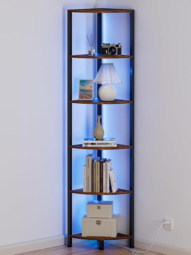 Furnulem 6 Tier Corner Shelf with LED Light, 67.5â Tall Standing Shelf Organizer, Narrow Bookshelf with Storage Rack for Wall Corner, Living Room, Bedroom, Metal Frame, Wood Display Shelf