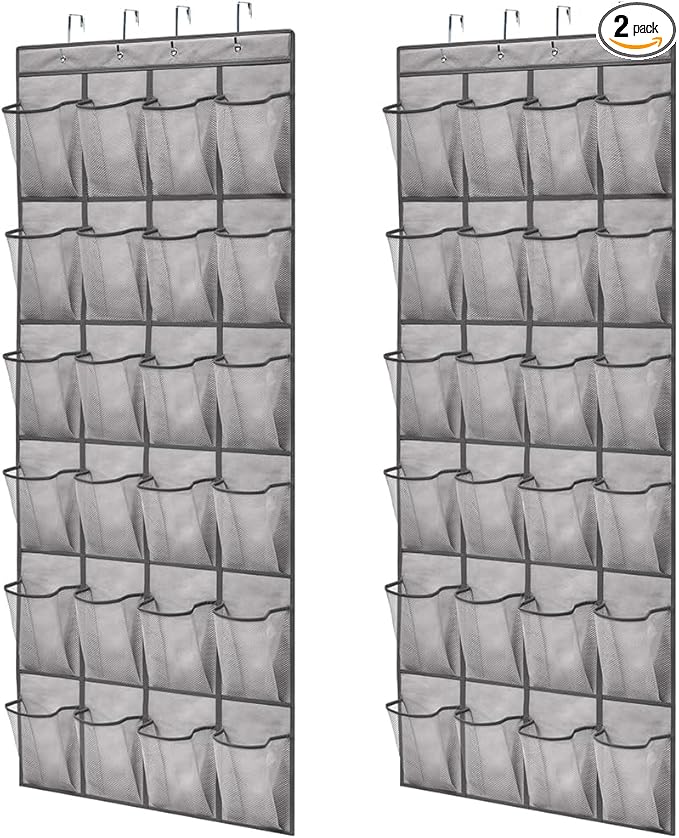 GORILLA GRIP Over the Door Shoe Organizer, 2 Pack, 24 Breathable Mesh Pockets, Space Saving Hanging Storage Holder, Closet Rack Hanger Holds Up to 40 lbs, Hangs on Closets, Shoes, Accessories, Gray