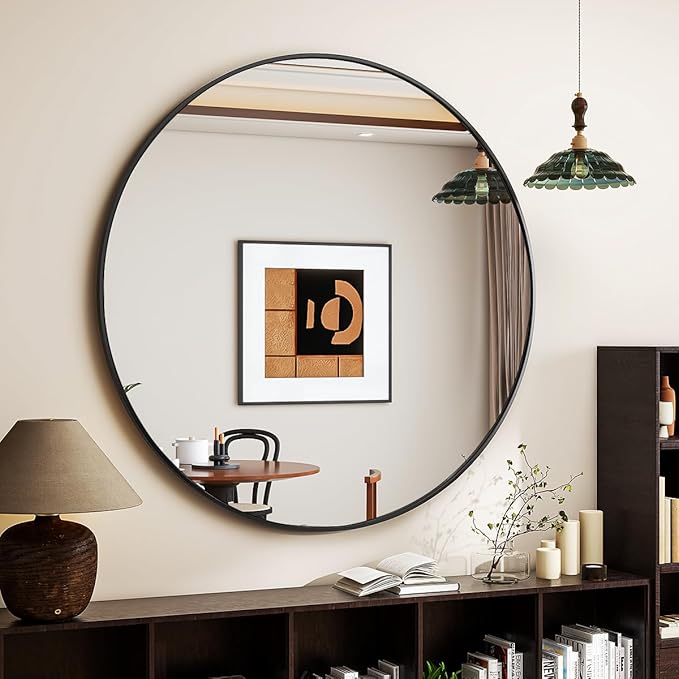 Black Round Mirror, 20 Inch Circle Bathroom Mirror with Metal Frame, Wall-Mounted for Entryway, Bathroom, Vanity, Living Room