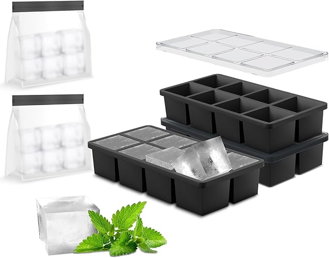 Samuelworld Large Silicone Ice Cube Tray Molds, 3-Pack, Big 2 Inch Cubes - Food Grade, Flexible, 8 Cavity Easy Release Slow Melting Ice for Whiskey, Cocktails, Gifts & Christmas - Blackï¼Ice Bagï¼