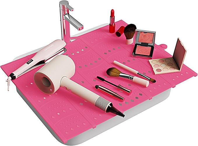 Bathroom Sink Cover for Counter Space, Foldable Silicone Sink Mat Makeup Organizer Mat Space Saver, Womenâs Gifts for Valentines RV Camper Travel Must Haves Accessories, Pink