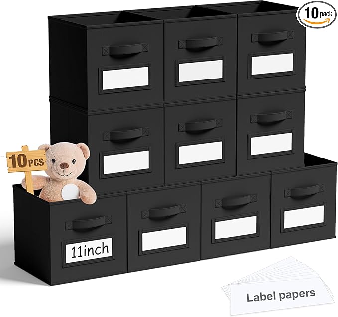 10 Pcs Fabric Storage Cubes with Labels 11 Inch Collapsible Cube Organizer Baskets with Window Cards for Shelf Nursery Clothes Book Toys Storage Bin(Black)