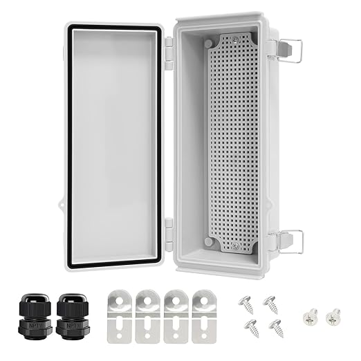 LeMotech Electrical Box, IP67 Waterproof Hinged Cover Stainless Steel Latch Junction Box, ABS Plastic Electrical Enclosure with Mounting Plate,Wall Brackets, Cable Glands,10.2"x4.3"x2.9â,Grey