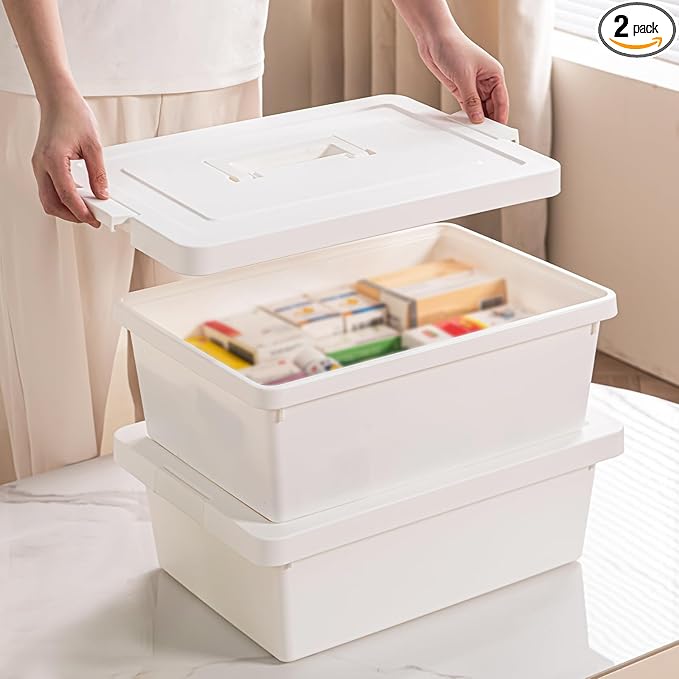 YUNGSHY White Plastic Multipurpose Portable Storage Container Bins Handled Organizer Storage Box with lids Storage Containers and Durable Nestable Closet, Garage, Totes (white, 15Qt. -2Pack)