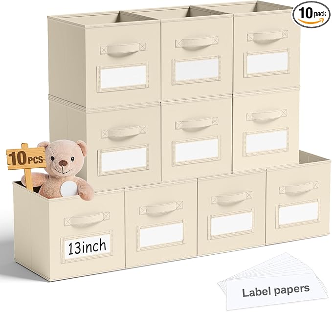 10 Pcs Fabric Storage Cubes with Labels 13 Inch Collapsible Cube Organizer Baskets with Window Cards for Shelf Nursery Clothes Book Toys Storage Bin(Beige)