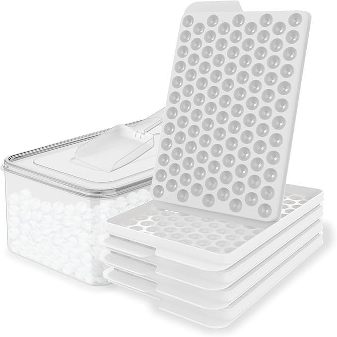 WIBIMEN Mini Ice Cube Trays, 0.55â Tiny Pebble Ice for Iced Coffee & Cocktails, Fast Chill, Easy Twist Release, Stackable with Lid & Storage Bin (4 Pack, White)