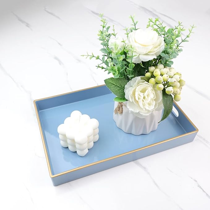 Spsyrine Blue Bathroom Vanity Tray with Handles for Dresser Tops, Countertop, Perfume Decorative Tray, 11.8â * 7.87â *1.37â