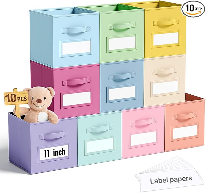 10 Pcs Fabric Storage Cubes with Labels 11 Inch Collapsible Cube Organizer Baskets with Window Cards for Shelf Nursery Clothes Book Toys Storage Bin(Macaroon)