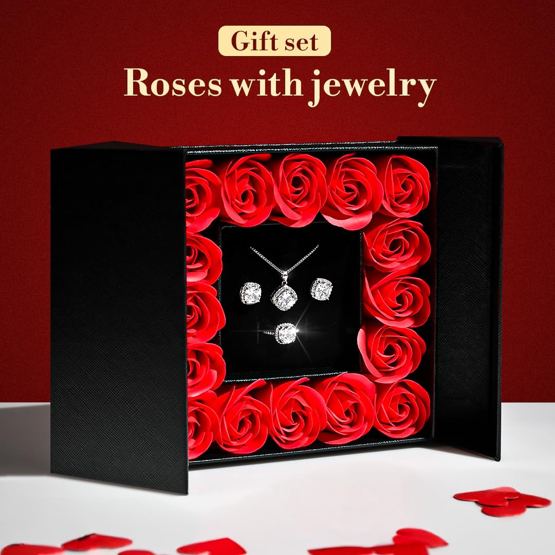 GENIRINA Preserved Rose with Necklace Gift Box - Preserved Real Rose Flowers with Cubic Zirconia Pendant Necklace, Earrings and Adjustable Ring in Beautiful Gift Box for Her Women Wife Mom Girlfriend
