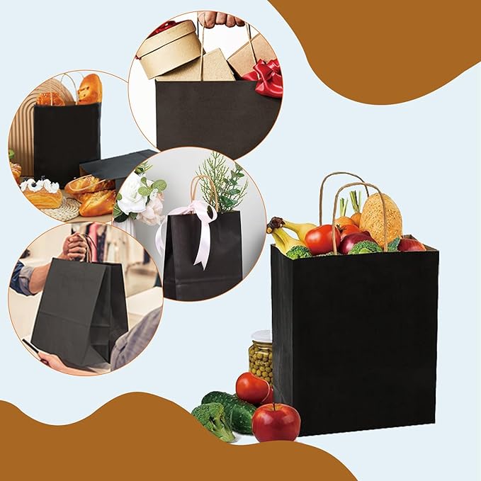 BAG BOX 100 Pack Medium 5.9x3.1x8.25Inch Black Kraft Paper Gift Bags with Handles for Bulk Shopping, Retail, Craft, Party Favors, Wedding, Grocery & Sacks