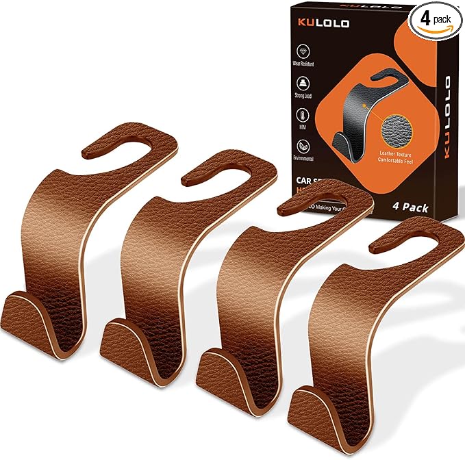 Car Seat Hooks & Purse Holder - 4 Pack Boxed,55 lb Heavy Duty,Eco PP Car Hooks for Purse/Bag/Baby Gear/Gym Bag/Groceries/Cup/,Fits 0.32-0.55âCar Headrest Rods (Brown-2)