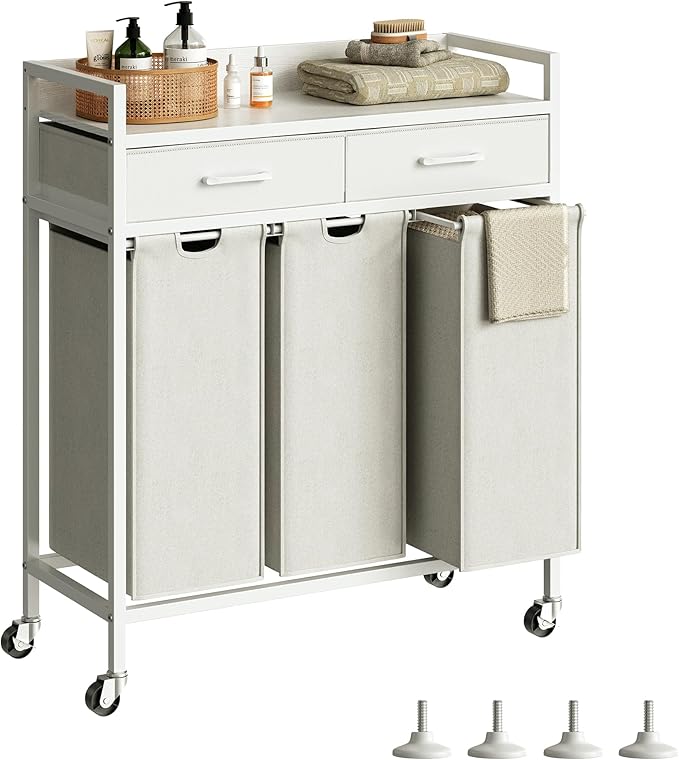 Laundry Sorter 3 Section Laundry Hamper with Shelf, Durable 3 Section Laundry Basket with Rolling Wheels & Storage Drawers, 3 x 13.26 Gallons (50L), White PF09XLW