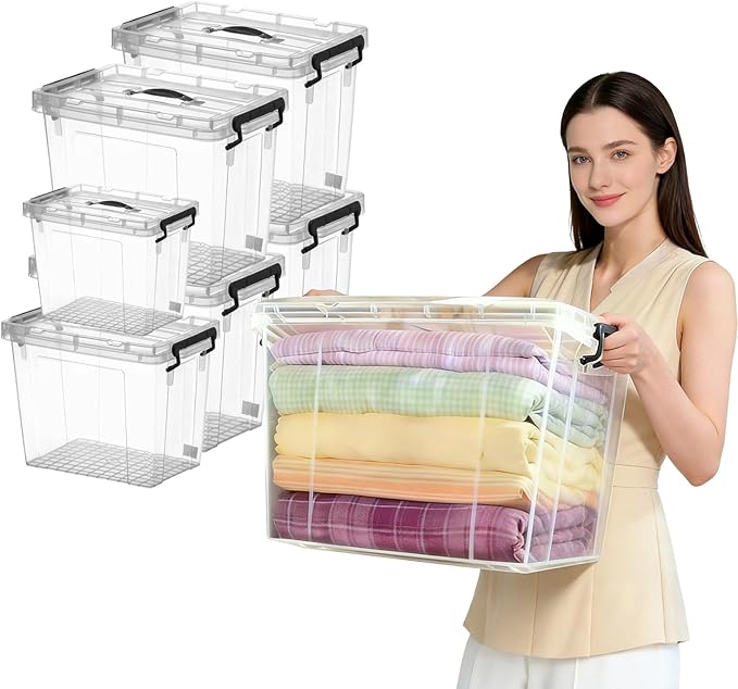 Clear Storage Bins with Lids, 358QT (4 Pack-72 QT, 1 Pack-42 QT, 1 Pack-28 QT) Stackable Plastic Organizer for Home, Office, Garage, BPA-Free, Heavy-Duty with Secure Latches & Handles