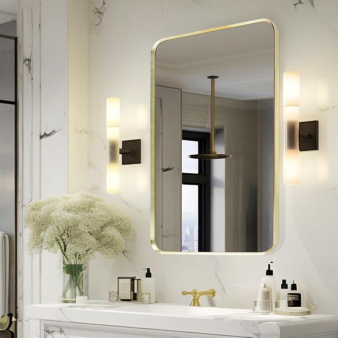 Wall Mount Mirror for Bathroom, Brushed Gold Metal Framed Rounded Corner Rectangular Vanity Mirror (24" x 36", Gold)