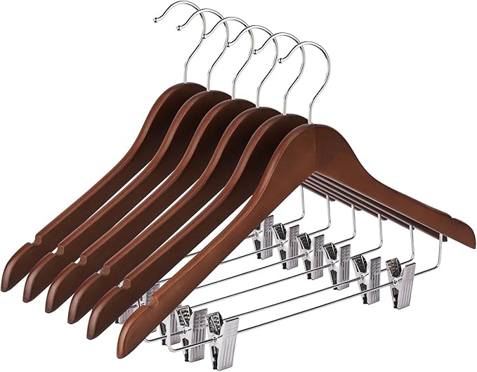 Wooden Hangers with Clips 24 Pack Wooden Pants Hangers,Skirt Hangers with Clips,Adjustable Heavy Duty Clip Hangers,Hangers for Pants,Jeans,Slacks,Shorts ï¼Waluntï¼
