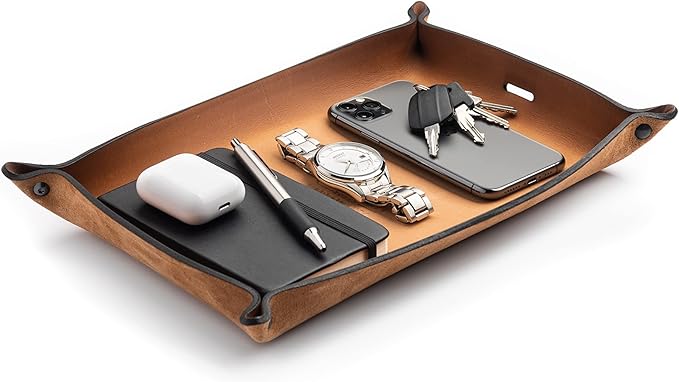 Main Street Forge Leather Valet Tray for Men â Rustic EDC Organizer for Keys, Phone & Wallet â Made in USA - Charred Oak