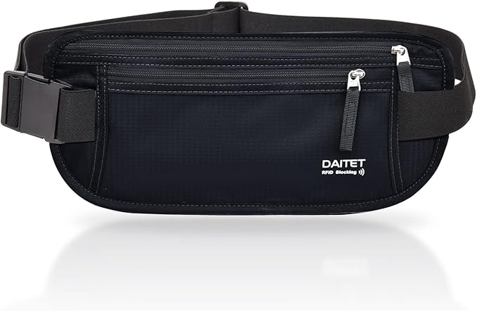 RFID Blocking Money Belt for Men Women, Slim Fanny Pack For Travelï¼Running,Conceal Waist Wallet For Passport Holder,Phone,Cash(Dark Black)