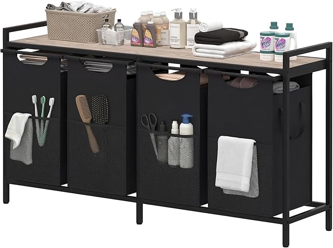 Heybly Laundry Hampers, 4 Ã 15Gal (228 L) Laundry Basket with Large Desktop Sorter for Laundry Room organization, Bathroom and Dorm Laundry Bags on Storage Shelf, Greige HLH004SG