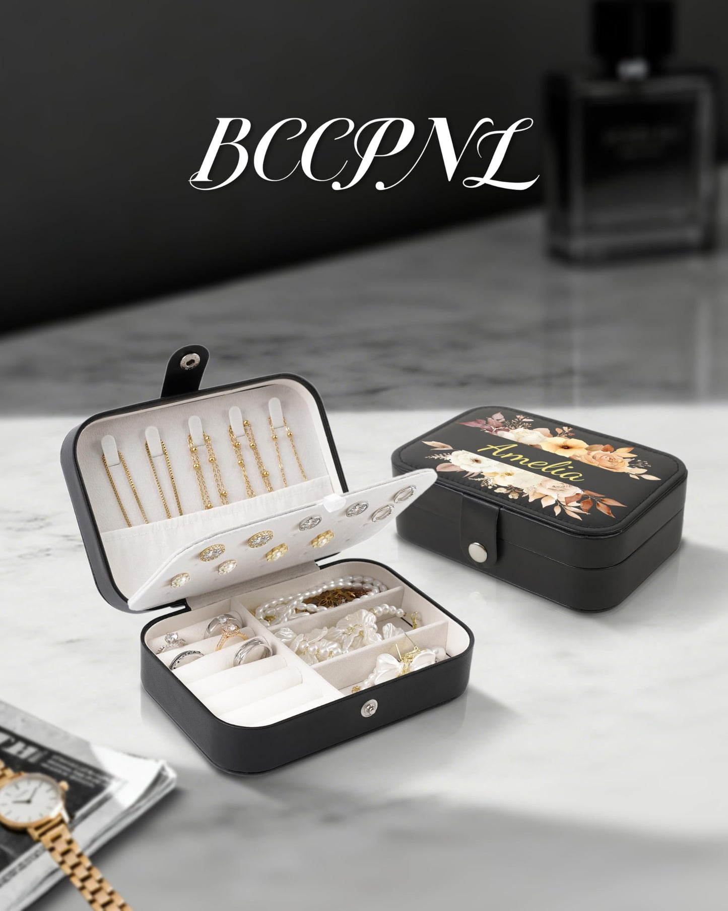 Personalized Jewelry Travel Case - Custom Name & 12 Unique Floral Designs Jewelry Organizer for Women, Ideal Personalized Gifts for Festivals, Bridesmaids, Girls - Compact Travel Jewelry Box. (black)