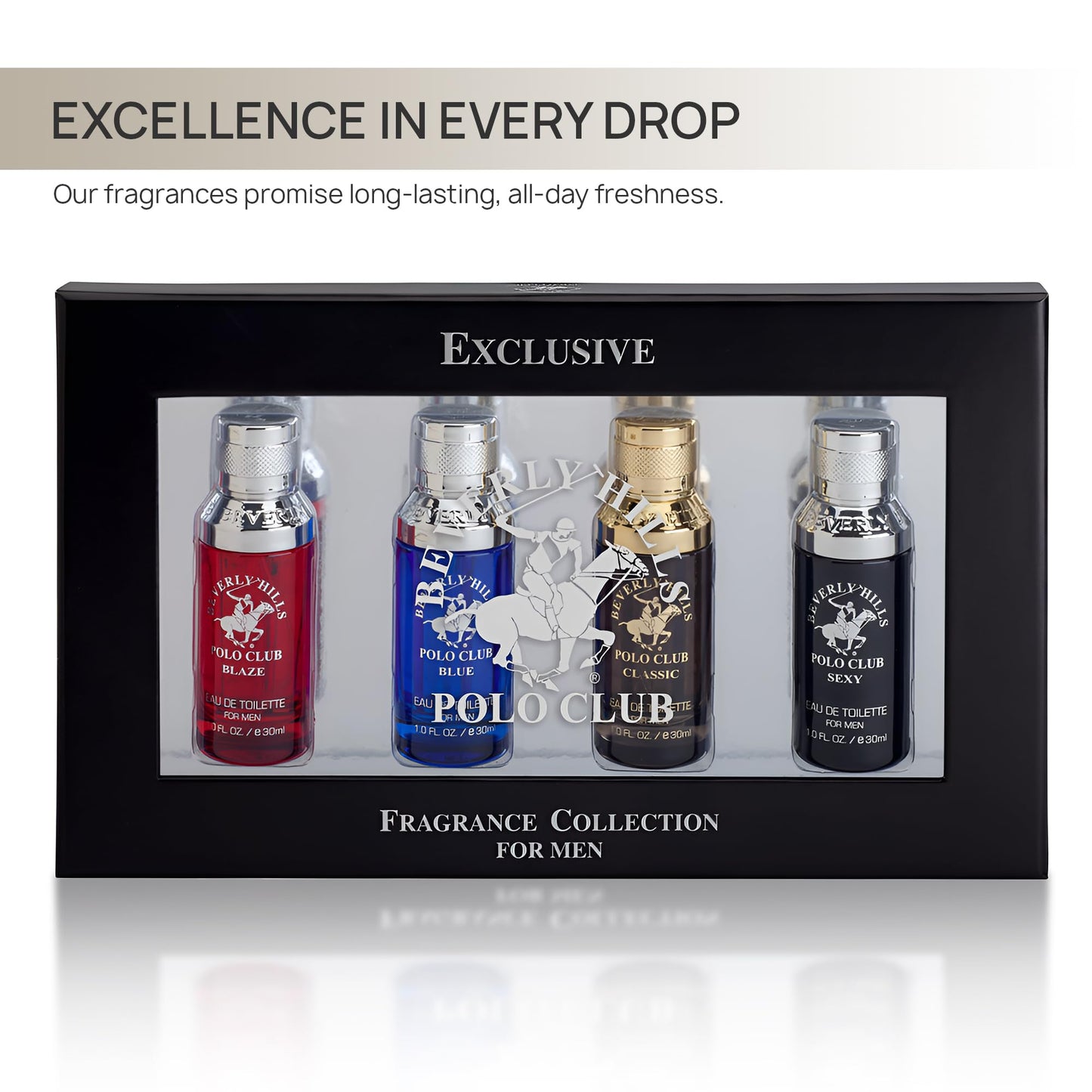 Beverly Hills Polo Club Exclusive Fragrance Collection For Men With 4 Different Fragrances, Blaze, Blue, Classic, and Sexy, 1fl oz Each (Pakaging May Vary)