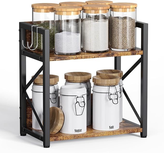 Spice-Rack-Organizer-Shelf for Kitchen Counter, 2 Tiers Coffee Bar Station Organizer for Countertopï¼Space Saving Desk Shelving Riser Unit (Rustic Brown, Small)