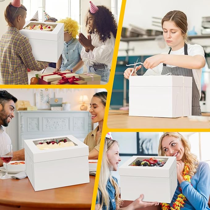 WINKIO 4 Pack Cake Boxes 12 Inch, Disposable Cake Transport Container, Cake Carrier, White Cake Holder with Large Window, for Bakery Cookies Pies Cupcakes Pastry (12×12×8 Inches)