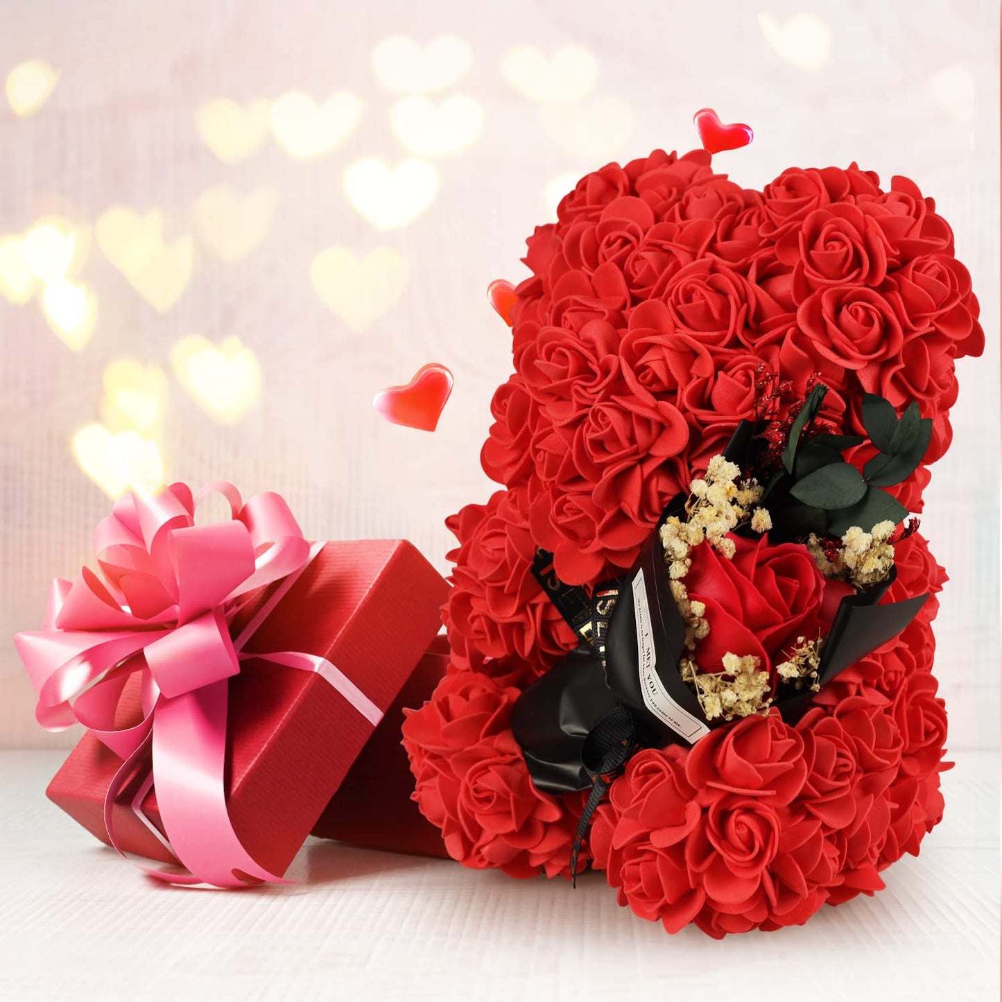 Rose Bear Birthday Gift for Women, Flowers Gifts for Mom Wife Grandma Daughter Friends Sister Her,Artificial Flowers Teddy Bear with Bouquet,Greeting Card,Mother's Day Christmas Valentines