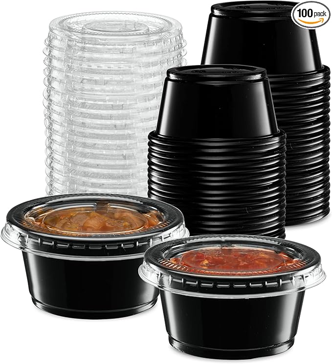 2 oz - 100 Sets Black Diposable Plastic Portion Cups With Lids, Small Mini Containers For Portion Controll, Jello Shots, Meal Prep, Sauce Cups, Slime, Condiments, Medicine, Dressings, Crafts